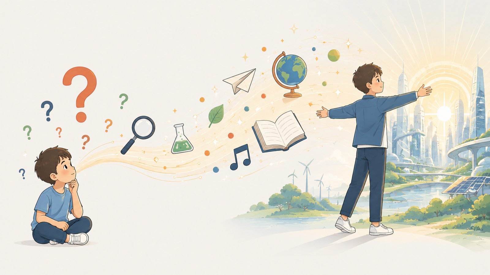 考えごとをしている子どもの「なんで？」が、やがて未来へとつながっていくイラスト