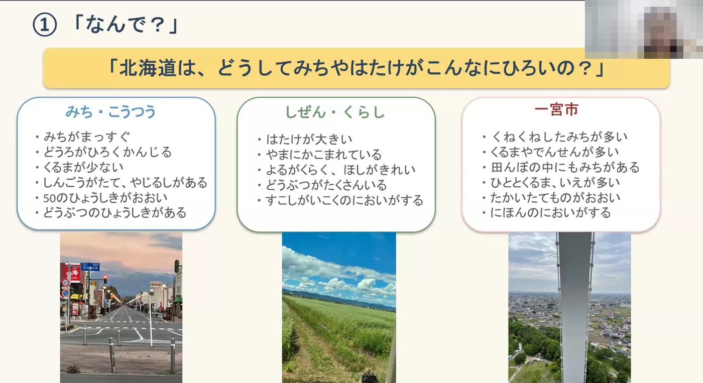 北海道と一宮市を「みち・こうつう」「しぜん・くらし」で比べたスライド